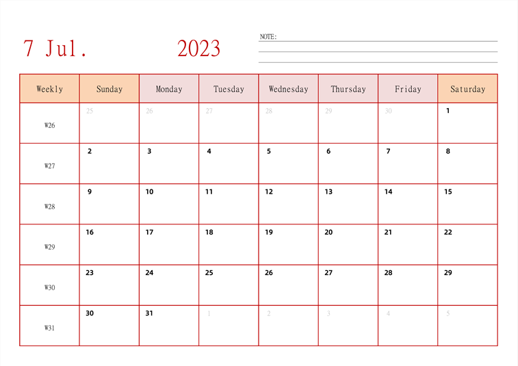 2023年日历台历 英文版 横向排版 带周数 周日开始
